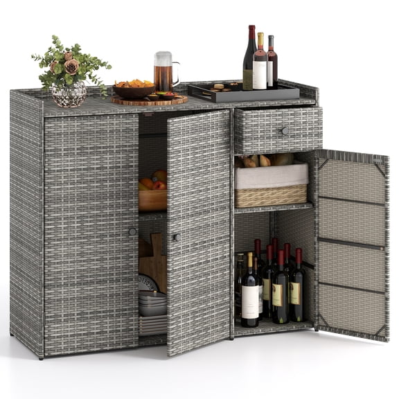 Gymax Outdoor PE Wicker Storage Cabinet w/ 3 Doors Adjustable Shelves & Drawer Mix Gray
