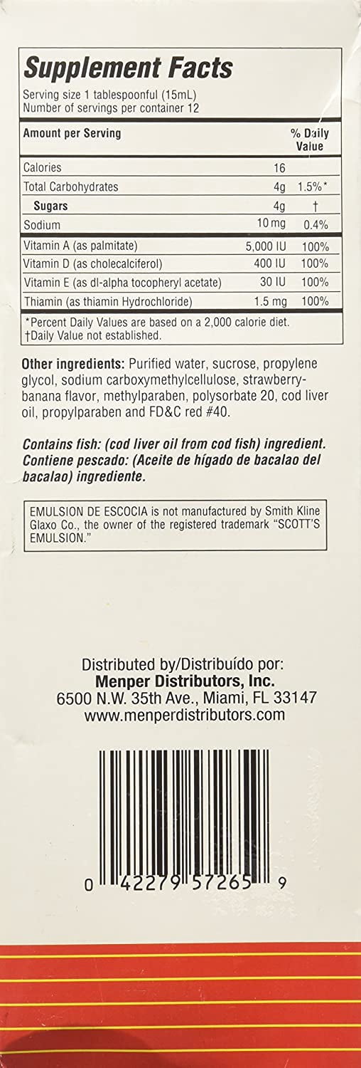 Emulsion De Escocia Cod Liver Oil, Strawberry Banana Flavored 6.50 oz (Pack of 4)