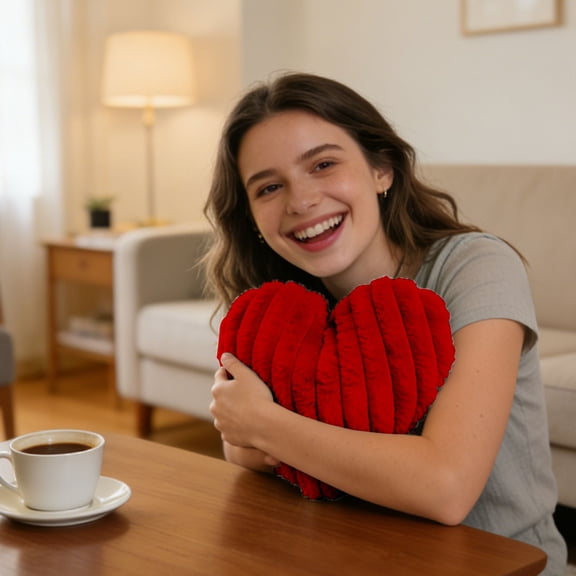 Ruffled Heart Pillow 16"x13", Valentines Pillow Heart Shaped Pillow, Soft Faux Fur Decorative Throw Pillow, Cute Heart Pillows for Couch Bed Sofa, Valentine Day Anniversary Home Decor