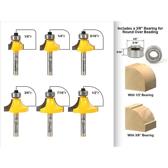 6 bit Round over and Beading Router Bit Set - Yonico 13621q