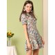 thumbnail image 2 of Vestido De Manga Abullonada Corta De Gasa Con Pajarita Floral Con Volantes Para Mujer Rosa brillante XS, 2 of 6
