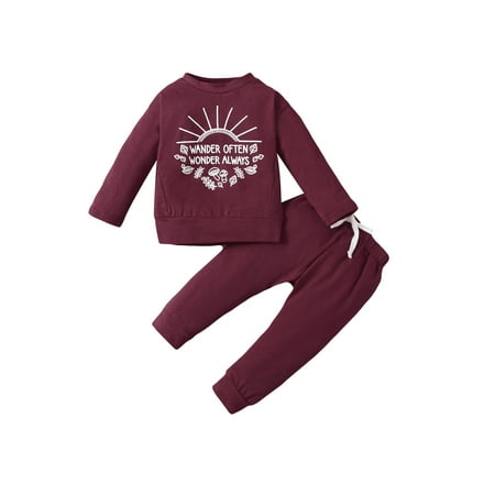 

Calsunbaby 2Pcs Infant Casual Outfits Baby Cartoon Letter Print Long Sleeve Round Neck Pullover Solid Color Drawstring Pants Sets