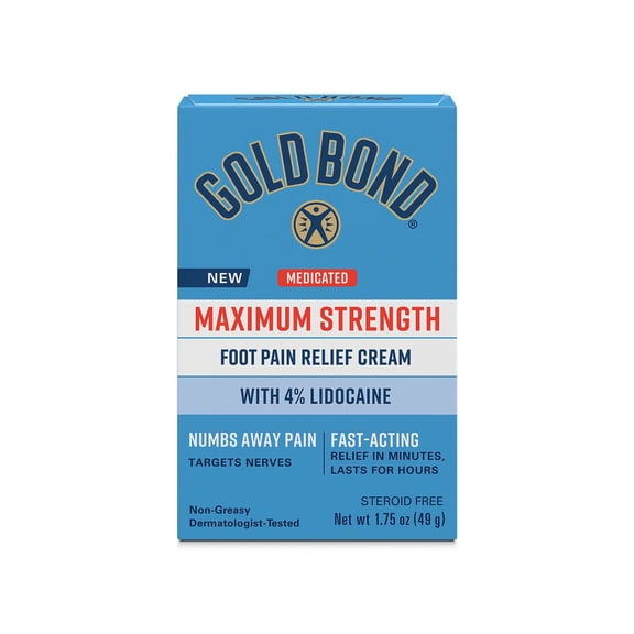 Gold Bond Medicated Foot Pain Relief Cream, Maximum Strength Pain Relief with Lidocaine HCI 4% to Numb Nerve Pain in Feet, Moisturizers and Aloe Soothe Dry Cracked Skin on Heels and Feet, 1.75 oz.