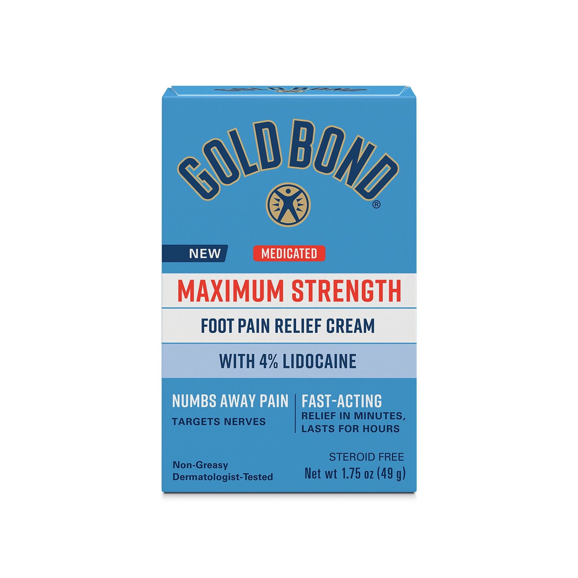 Gold Bond Medicated Foot Pain Relief Cream, Maximum Strength Pain Relief with Lidocaine HCI 4% to Numb Nerve Pain in Feet, Moisturizers and Aloe Soothe Dry Cracked Skin on Heels and Feet, 1.75 oz.