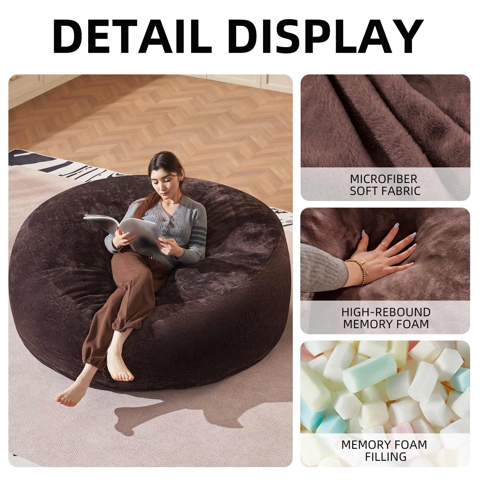 Bean Bag Chair 6FT,  Large Memory Foam Filled Chair for Adults and Teens, Soft Sofa with Removable Flannel Cover, Round Couch for Living Room Bedroom College Dorm