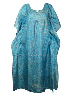 Mogul Women Light Blue Maxi Dress Kaftan Printed Beach Cover Up Loose Maternity Recycle Sari Resort Wear Caftan 2XL