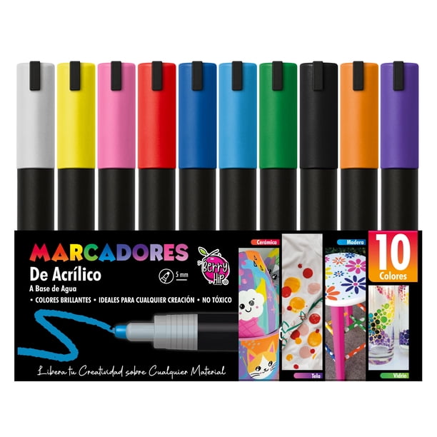 Berry Hip Marcadores Acrílicos, 10 Piezas, Punta Fina de 5 mm, con Agitador Interno. Tinta Permanente para Manualidades: Vidrio, Madera, Tela, Piedra, Plástico, Papel. Secado Rápido y Colores Vivos