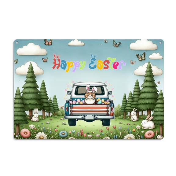 Happy Easter Scottish Fold American Flag Truck Horizontal Metal Aluminum Sign Cat Lover Kitten Owner Gifts Wall Art Home Decor - 03001