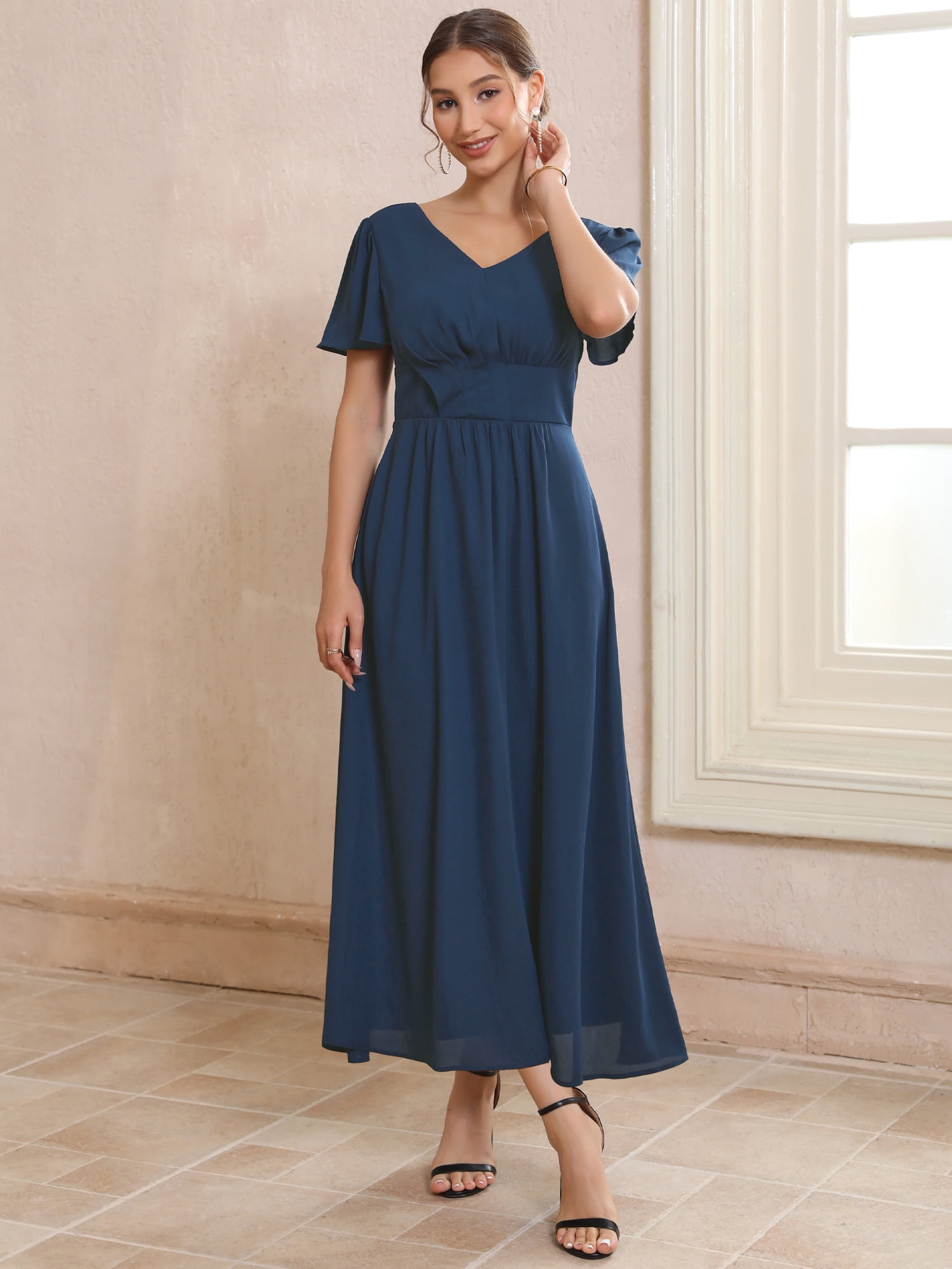 DARING DIVA Women's Bridesmaid Dress Chiffon Long Pleated Maxi Dresses S Dark Blue