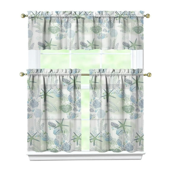 Kitchen Curtains 36 Inch Short - 3 Panel Set, Seashell Starfish Nautical Print, Rod Pocket Window Curtain for Tropical Beach Farmhouse, Sea Coral Cute Design, Easy Wash