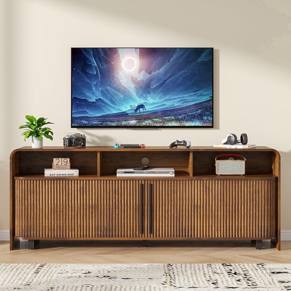 Fluted TV Stand for 65-80" TV, 70" Mid Century Modern Console, Large Walnut Entertainment Center with Storage, Sliding Doors