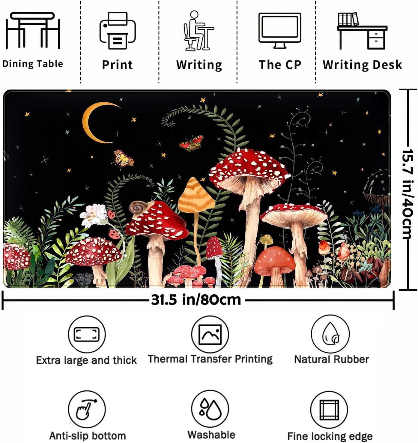 Ferns Leaves Cute Mushrooms Desk Mat Kawaii Green Plants Mouse Pad Xl Mat Large Gaming Desk Pad For Desk Decor Laptop Computer Keyboard Pad Desk Home Office For Women With Stitched Rounds 31.5x15.7 I