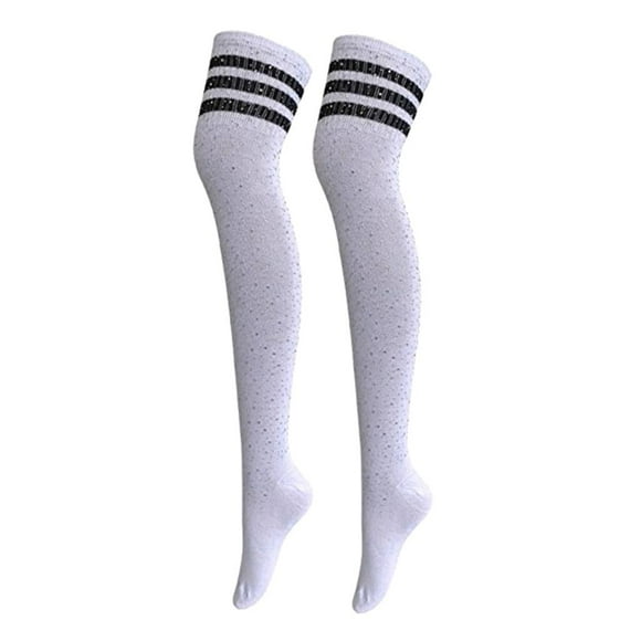 Milaget Female Stripes Over Knee High Socks Stockings Long Casual Socks White with Black Stripe