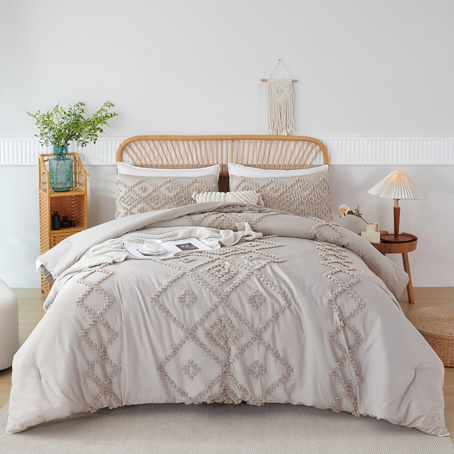RYNGHIPY 3 Pcs Tufted Comforter Set Queen Size Gray Geometric Boho Style Bed Set Bohemian Shabby Chic Bedding Set for Girls Women Men (Queen, Grey)
