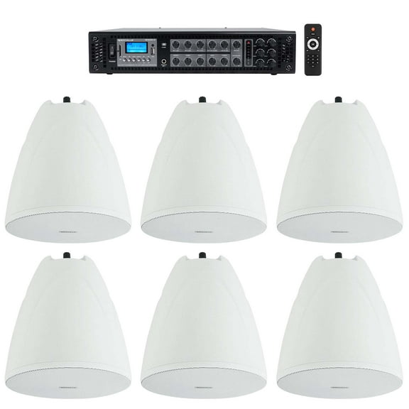Rockville 6-Zone Commercial Amp 6 White Pendant Speakers For Restaurant/Bar/Cafe