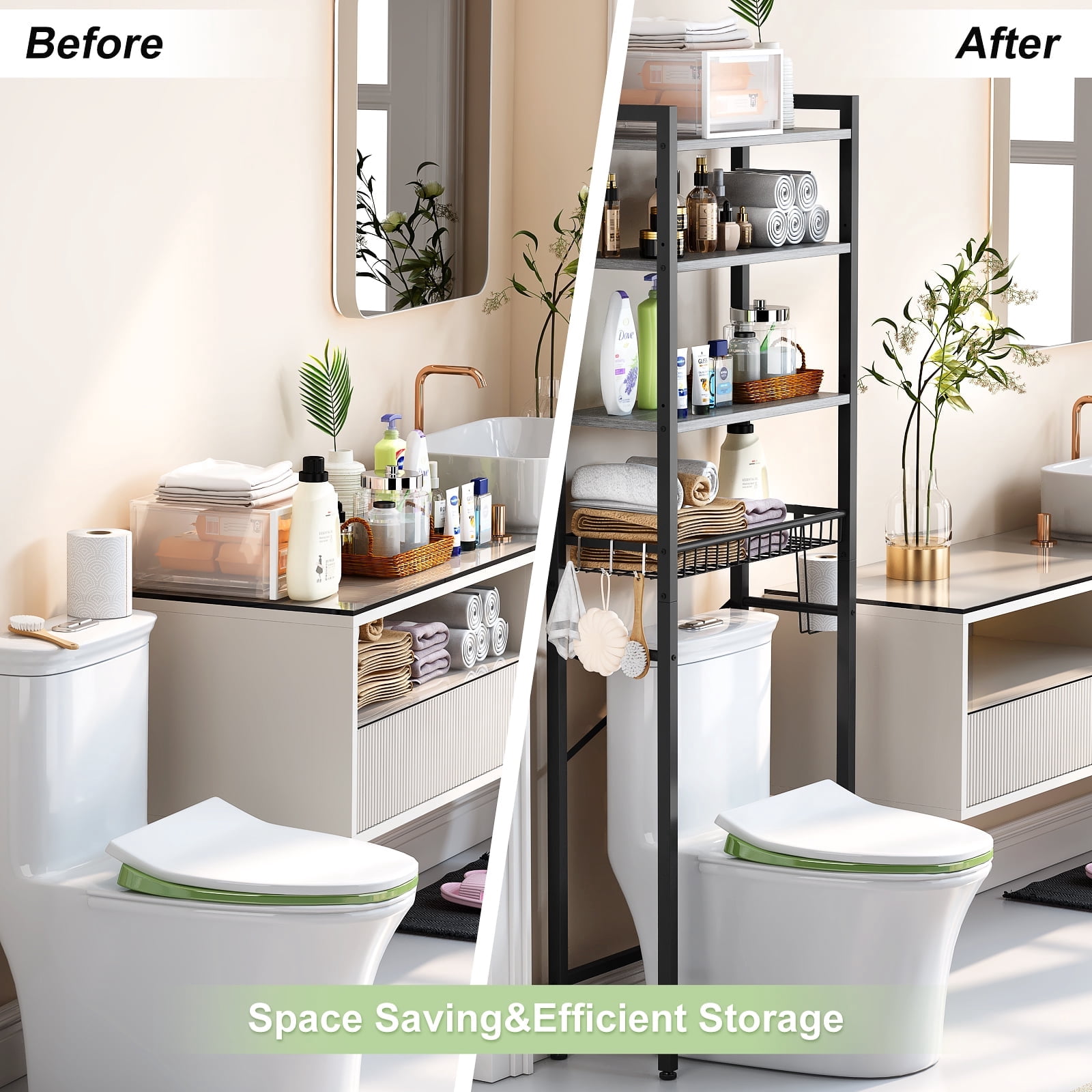 Biemlerfn Over The Toilet Storage Shelf, 4-Tier Wooden Bathroom Organizer Adjustable Saver Space Rack with Toilet Paper Holder, Natural Gray