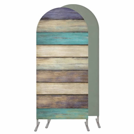 Brown Teal Home Wedding Arch Cover Stretchy Spandex Arch Backdrop Stand Covers 7.2 FT Vintage Farmhouse Retro Wooden Round Top Arched Backdrop Cover for Birthday Party Ceremony Baby Shower Event