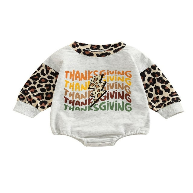 POINTERTECK Baby Boys Girls Thanksgiving Romper Long Sleeve Crew Neck Letters Leopard Print Bodysuit