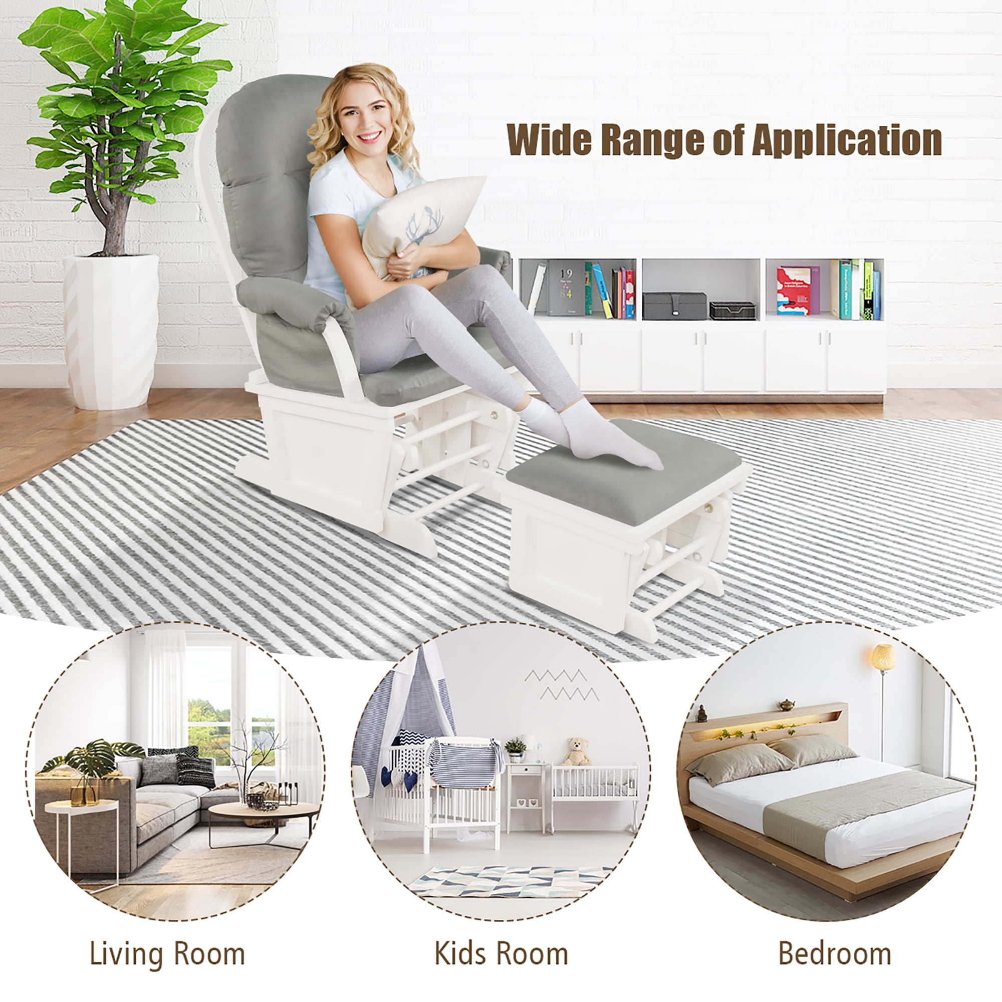 Costway Baby Nursery Relax  Rocker Rocking Chair Glider &Ottoman Set w/Cushion Light 3-6 Years Grey