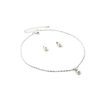 Silver Chain Necklace with Dangle White Pearl Center and Stud Earrings Jewelry Set
