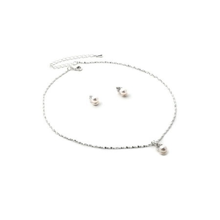 - Silver Chain Necklace with Dangle White Pearl Center and Stud Earrings Jewelry Set