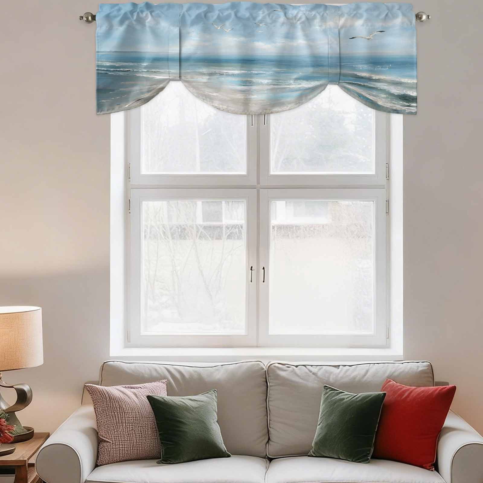 Ocean Tie Up Valances Curtain, Adjustable Kitchen Summer Beach Seagull Oil Painting Coastal Valances for Windows Decor, Rod Pocket Short Curtains Set for Bedroom/Bathroom, 60"x18"