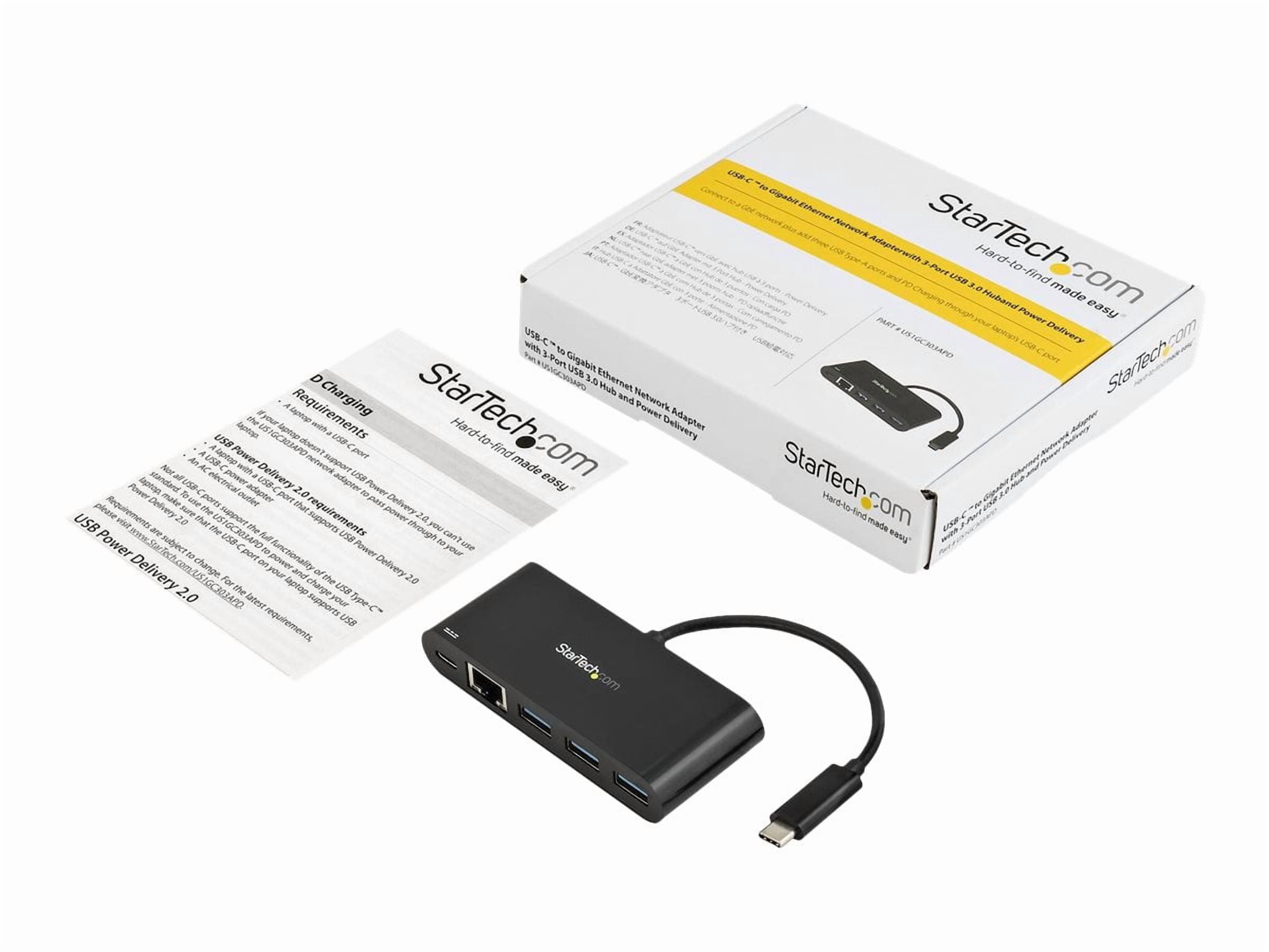 StarTech USB-C to Ethernet Adapter w/ 3-Port USB 3.0 Hub and Power Delivery