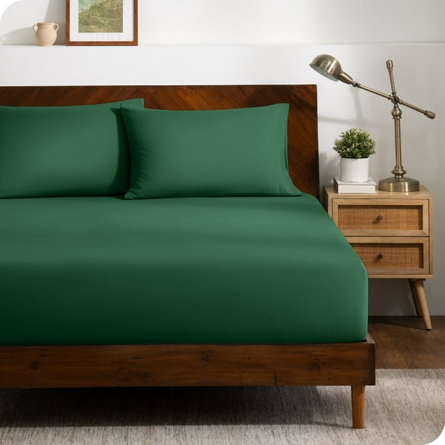 Bare Home Ultra-Soft Fitted Sheet + Pillowcase Set - Premium 1800 Collection - Deep Pocket - King, Forest Green