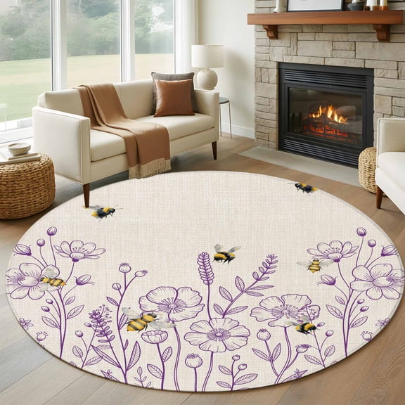 Spring Flowers Round Area Rug 8Ft Washable Large Circle Rugs for Living Room Dorm, Farmhouse Botanical Purple Floral Bees Non-Slip Carpet Floor Mats Indoor Outdoor Carpet Runner Aesthetic Home Decor