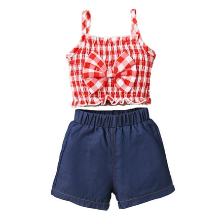 

Kucnuzki 12 Months Baby Girl Summer Outfits Shorts Sets 18 Months Sling Plaid Prints Bowknot Camisole Tops Elastic Cozy Shorts 2PCS Set Red