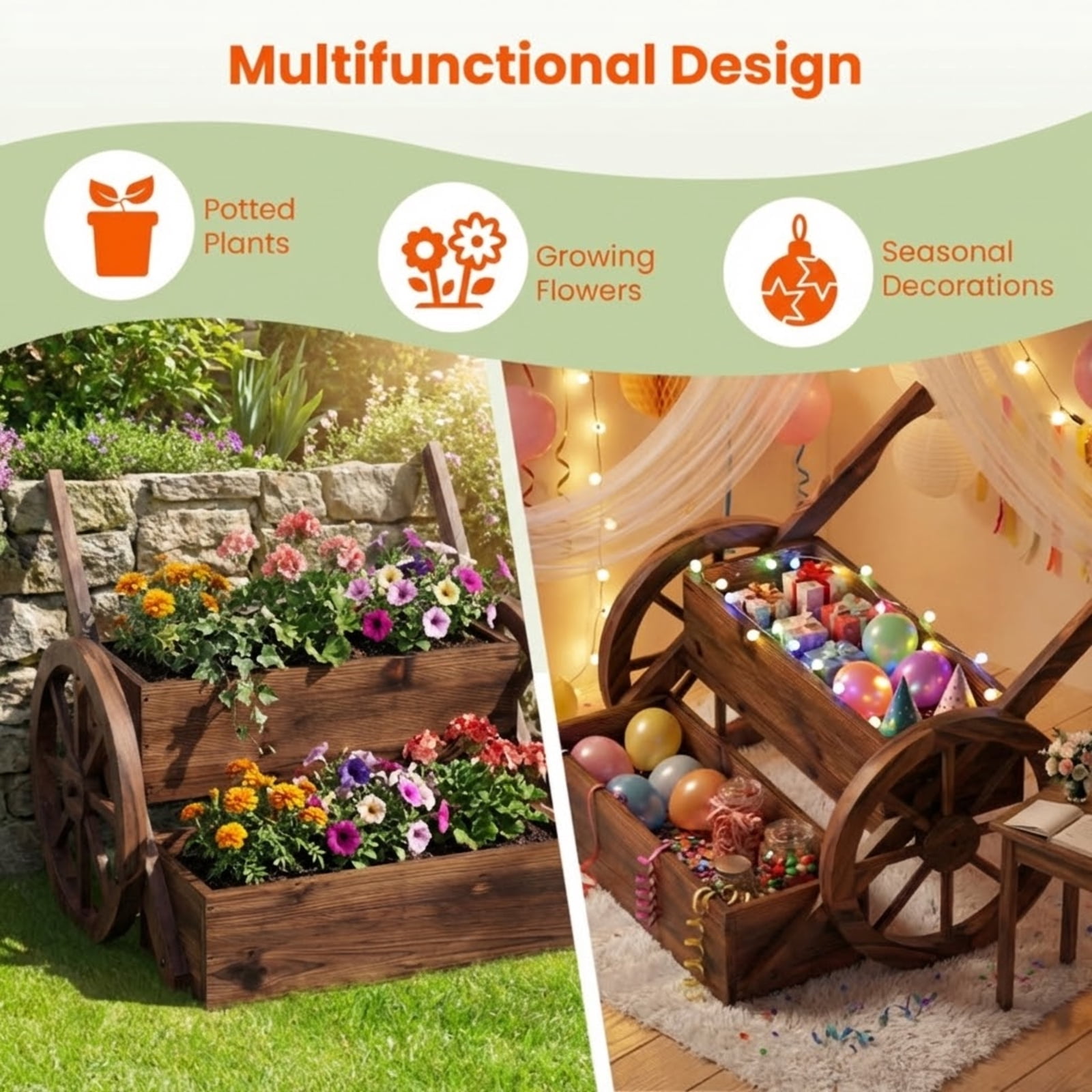 Biotree Rustic Wood Wagon Planter 2-Tier Versatile Raised Garden Bed with Wheels-Brown - Outdoor Backyard Patio Garden Planting