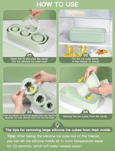 30-40 Oz Silicone Ice Cube Tray for Tumbler Cup, 3 Pack Cylinder Ice Mold with Lid & Storage Bin, Easy Fill & Release Ice Maker for Whiskey Cocktail Drinks, Freezer Safe (Green, 40Oz-Type1)