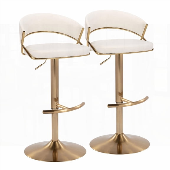 Set of 2 Contemporary Gold Metal & Cream Velvet Barstools with Rounded T Footrest by LumiSource
