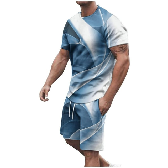 Mens Pantalones Casuales Cuello Redondo Impresión de Manga Corta Blusa Y Pantalones Cortos Traje, Pantalones de Traje para Hombres