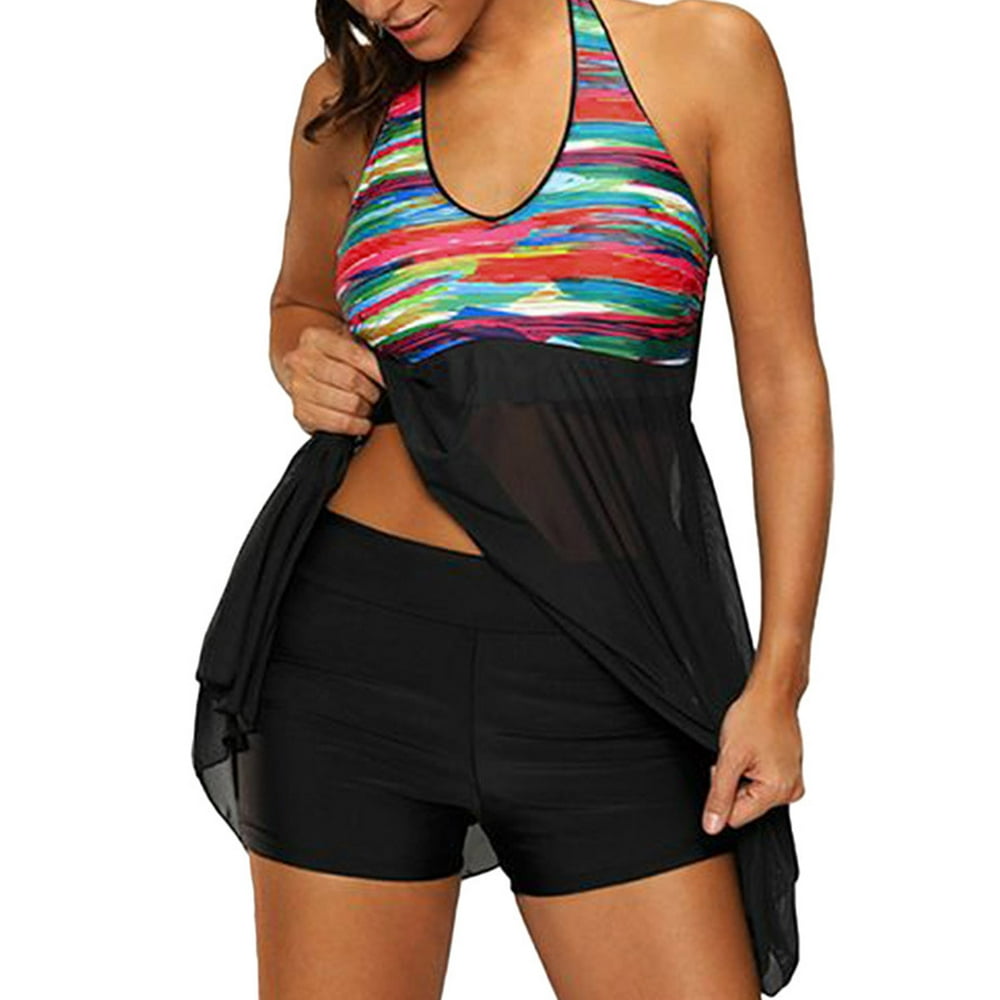 Kawell Women's Halter Neck TwoPiece Swimwear High Waist Rainbow