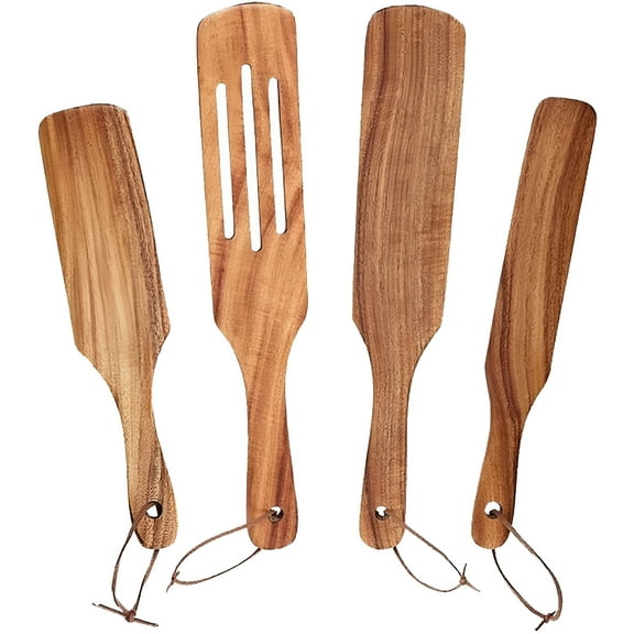 ACDANC 4-Piece Kitchenware Set Teak Wood Spurtle Set Pack of 4 Wooden Utensils Four Different Types and Sizes. Hangable Teak Wood Spurtles,1*Kitchenware 4-Piece Set,Cooking Utensils