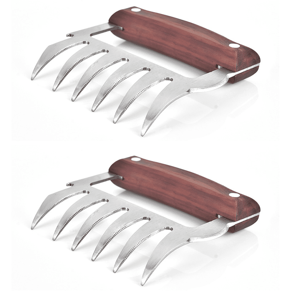 Stainless Steel Meat Forks with Wooden Handle Turkey Chicken Pulled Meat Shredder Cooking Smoker Tool for Shredding 2 Pack Bear Meat Claws Barbecue Meat Claws for Handling Carving Food Pork 