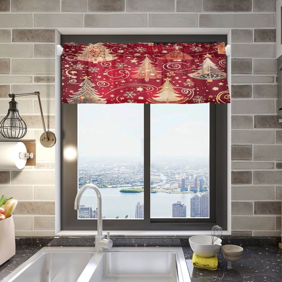 BZSMCE Alance Curtains Christmas Trees Red Background Design Modern Style Pattern Window Curtain Valance 52W" x 18L" for Kitchen Living Room Bedroom