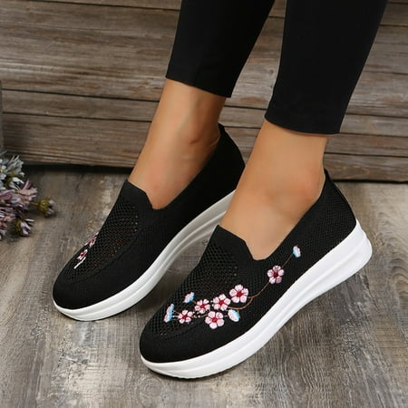 

Aayomet Platform Sneakers Ladies Fashion Embroidered Mesh Breathable Comfortable Thick Sole Casual Sports Shoes Black 9