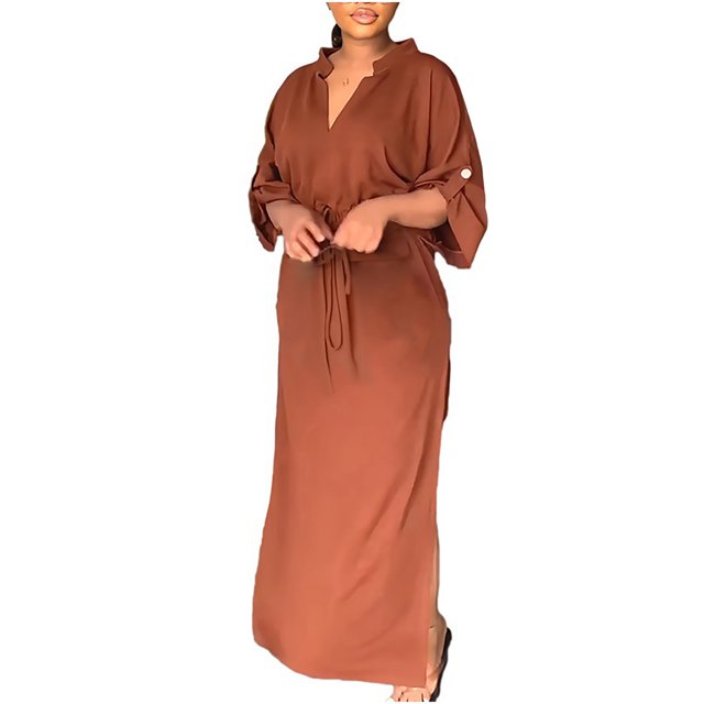 Pompotops Robe de Travail Décontractée pour Femmes, Ceinture Ample, Col en V, Couleur Unie, Manches Longues, Fente Latérale, Robe d'Été en Solde