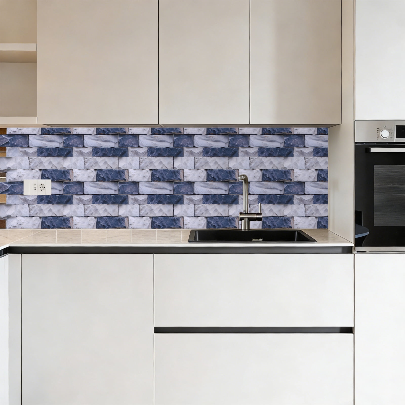 Uxcell 10Pcs Peel and Stick Backsplash Tiles 10.6" x 10.6" 3D Thickened Stone Texture Self-Adhesive Tile Stickers Wallpaper Wall for Kitchen Bathroom Bedroom, Green Gray White