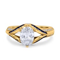 Yellow Tone, Simulated Cubic Zirconia Size-7 Split Shank Halo Oval Wedding Engagement Ring Blue Sapphire 925 Sterling Silver