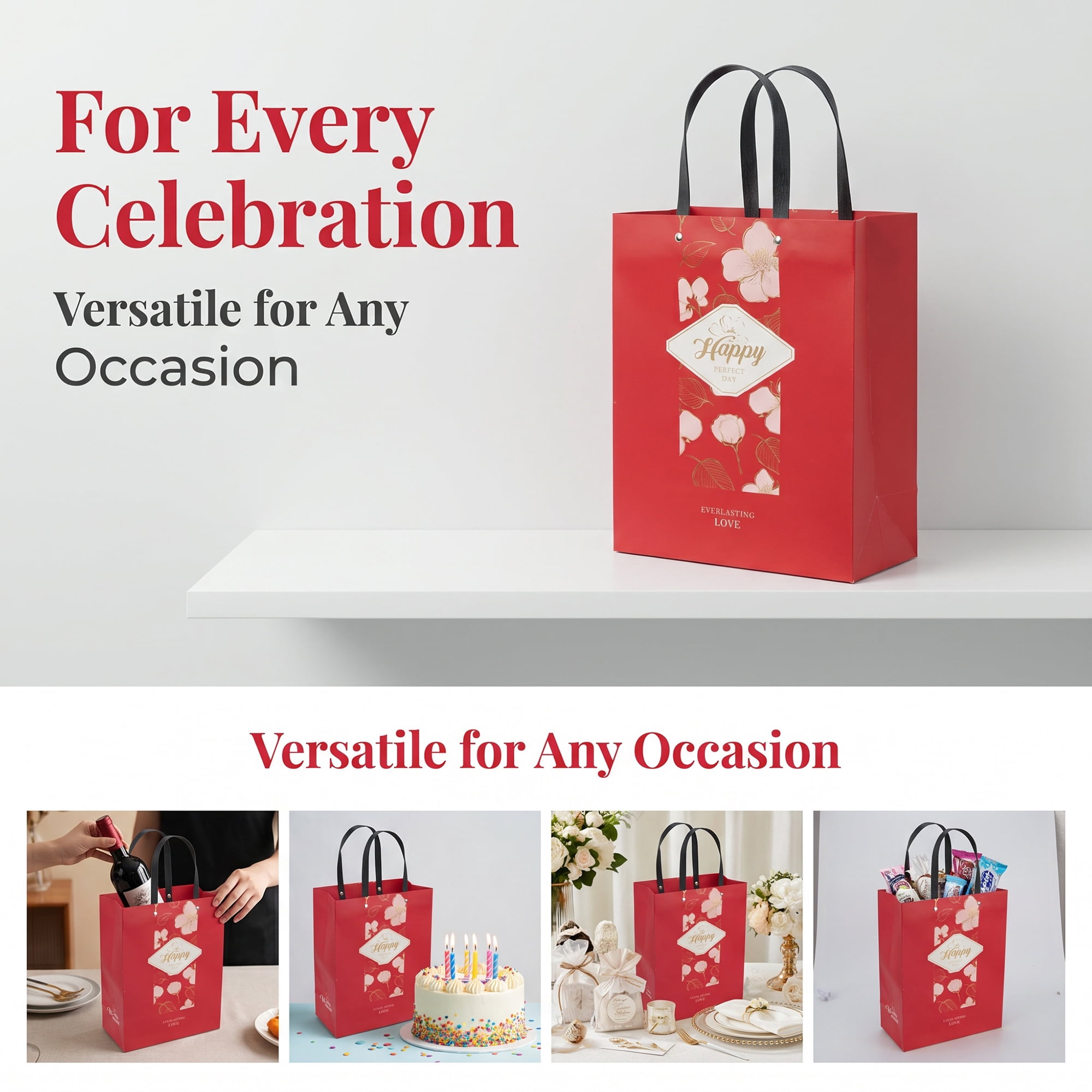 Unique Bargains Medium Gift Bags with Wide Flat Bottom for Occasions Red 8.5" x 4.3" x 11"