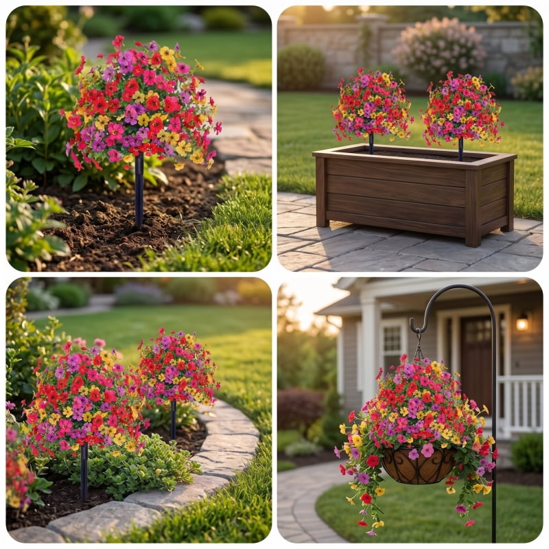 2Pcs Artificial Flowers with Ground Stakes for Outdoors, 22" UV Resistant Fake Flowers for Garden Porch Patio Decoration, No Fade Faux Floral Garden Stakes for Yard Window Box, Mixed Colors