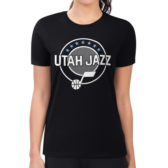 Women's G-III 4Her by Carl Banks Black Utah Jazz Super-Slim Lightweight Pinstripe Circle Graphic T-Shirt