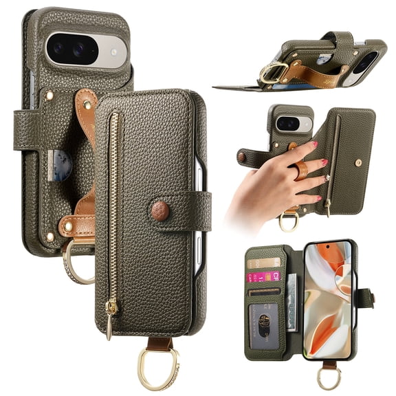 Compatible with Google Pixel 8A PU Leather Wallet Case, Zipper Purse with Card Slots ID Window Cash Pocket Handheld Grip Strap Magnetic Kickstand Multi-Functional Flip Cover,Midnightgreen
