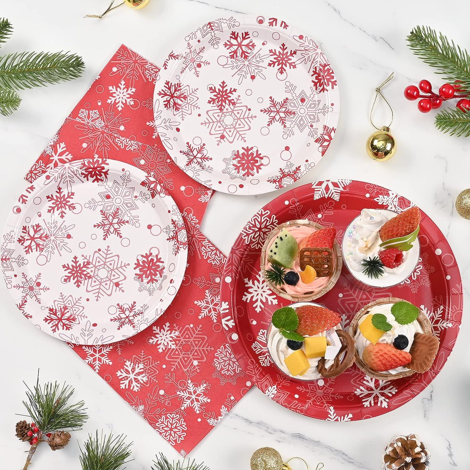 Waipfaru 200 PCS Christmas Paper Plates and Napkins White Snowflake Party Supplies Red Disposable Dinnerware Set for Christmas Decor