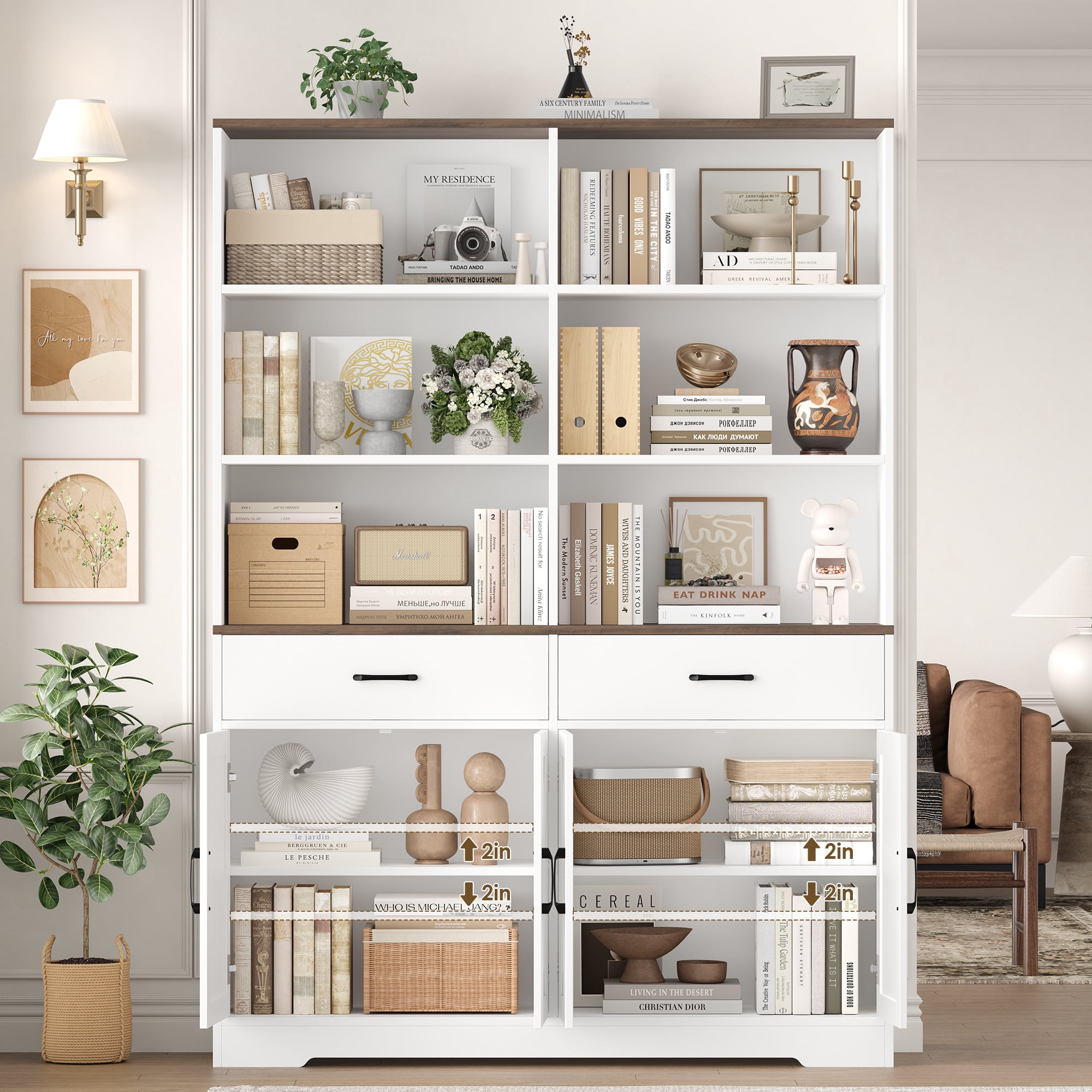 Homfa 69'' White Bookshelf with Drawers, 6-Tier 6 Cubes Display Bookshelf, 4 Doors Double Row Bookcase with Adjustable Shelves for Living Room Home Office
