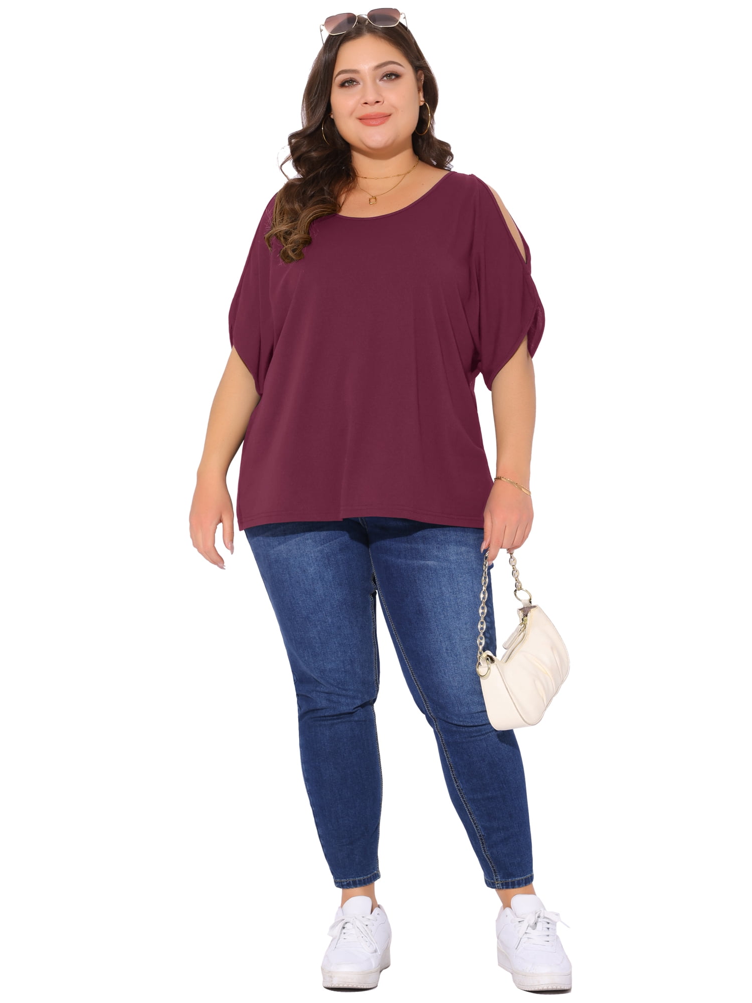 DARING DIVA Women's Plus Casual Crew Neck Cold Shoulder Summer Blouse 4X Burgundy