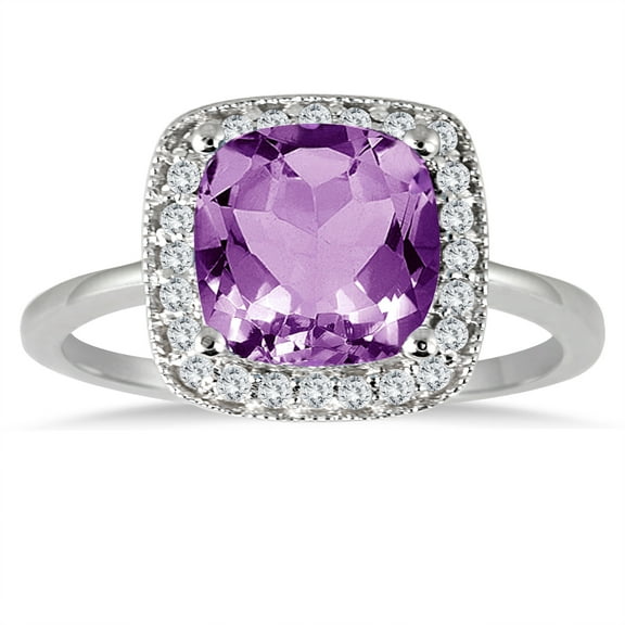 SZUL Women's 1.35 Carat Cushion Cut Amethyst and Diamond Ring in 14K White Gold
